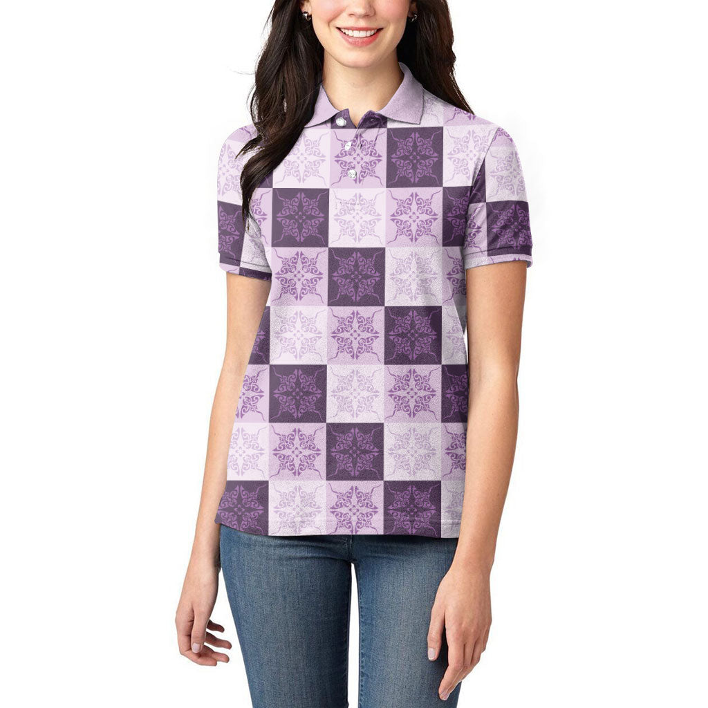 Lavender Manta Ray Hawaiian Quilt Motif Women Polo Shirt