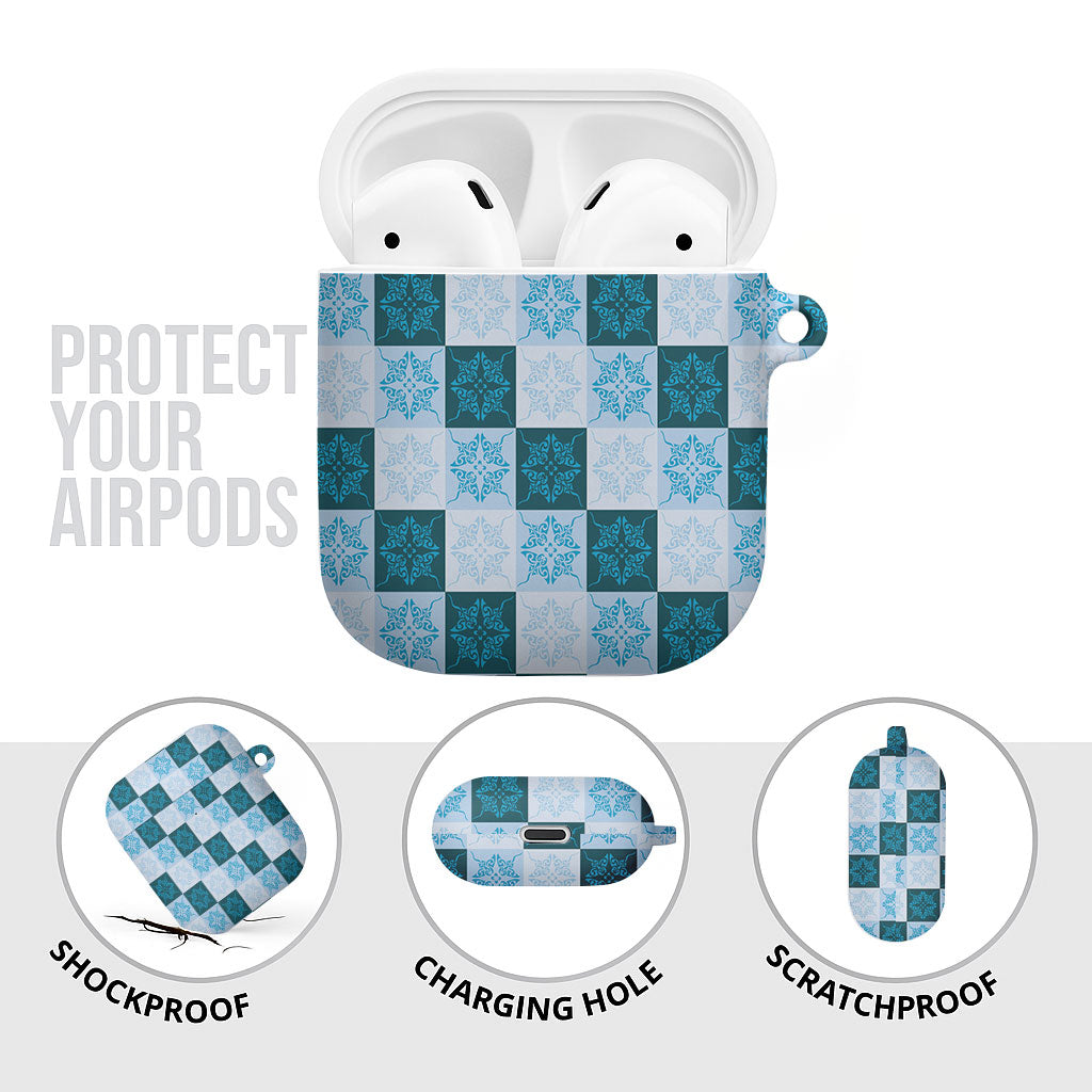 Cyan Manta Ray Hawaiian Quilt Motif AirPods Case