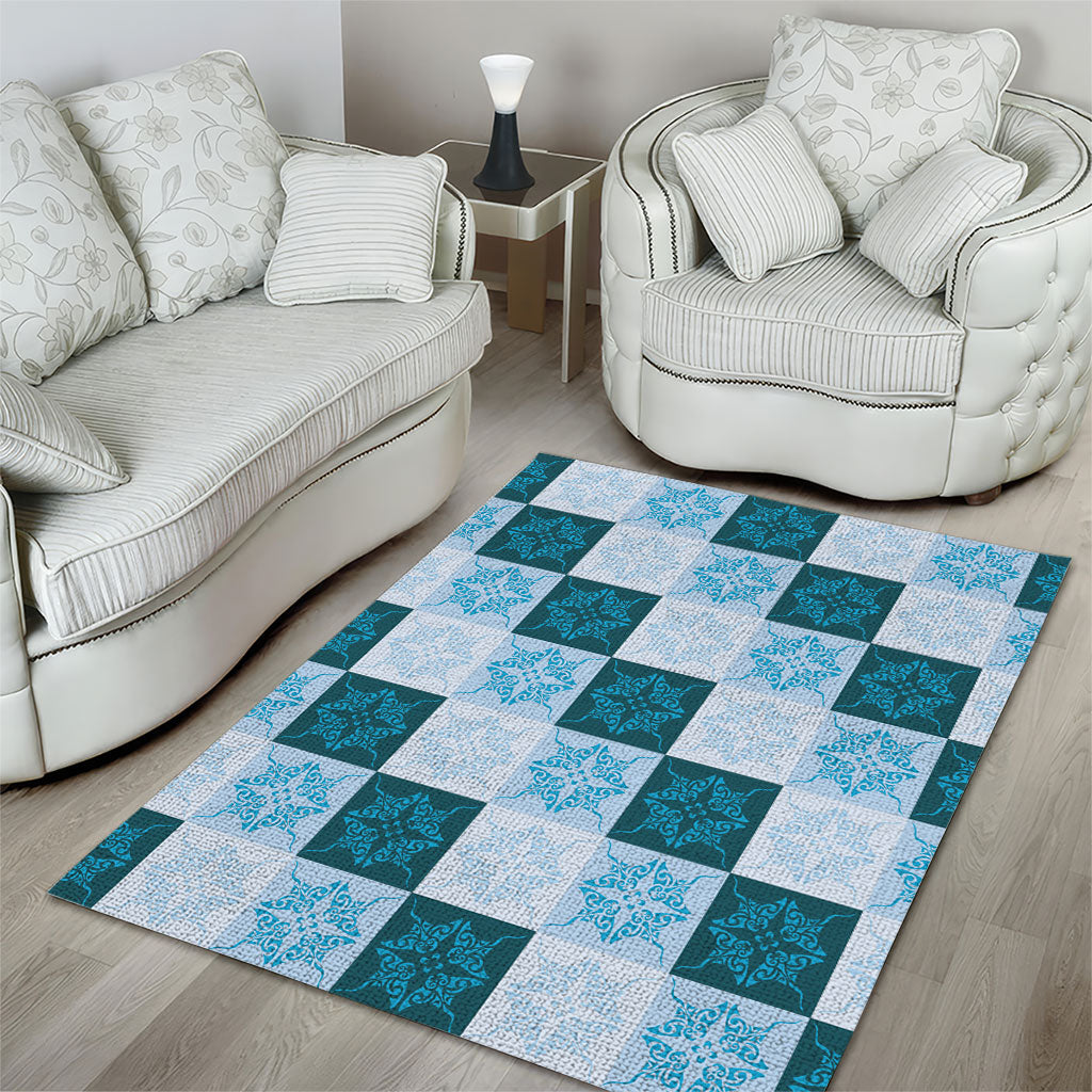 Cyan Manta Ray Hawaiian Quilt Motif Area Rug
