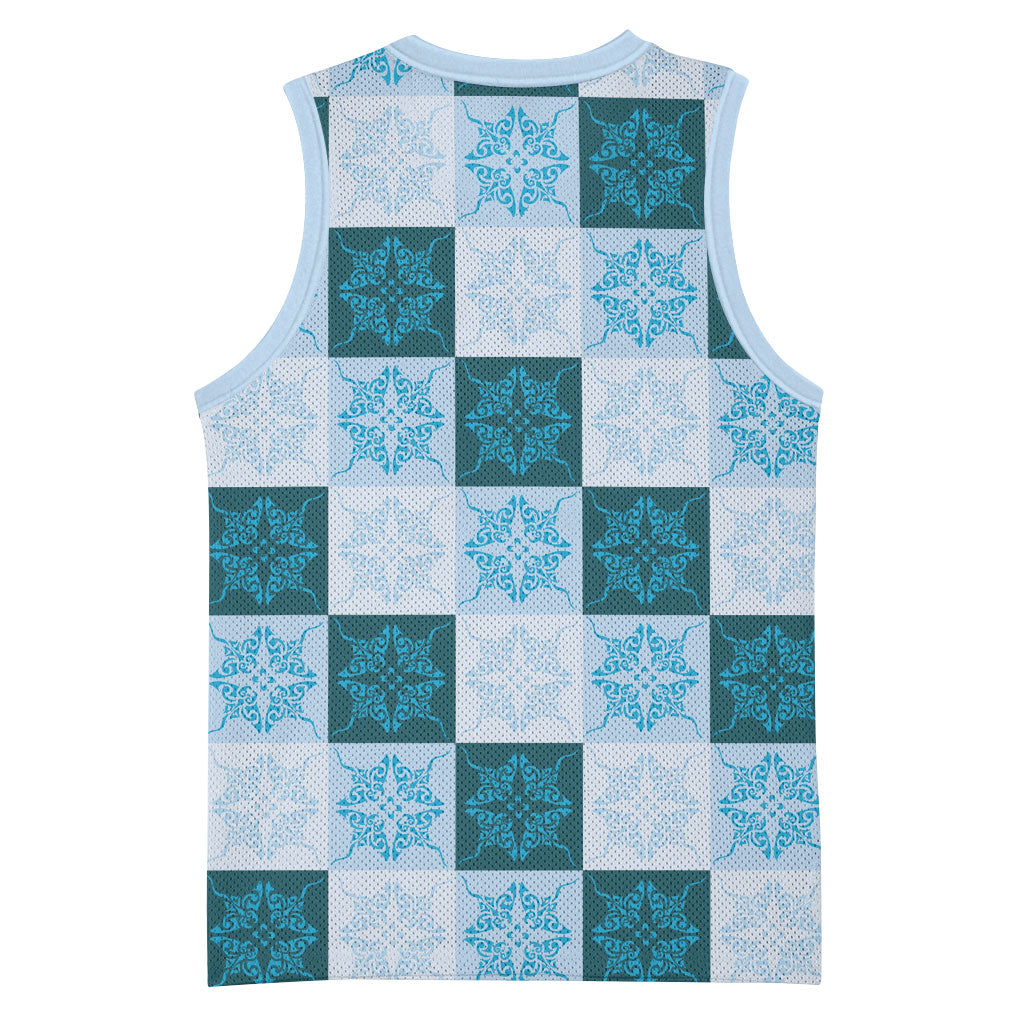Cyan Manta Ray Hawaiian Quilt Motif Basketball Jersey