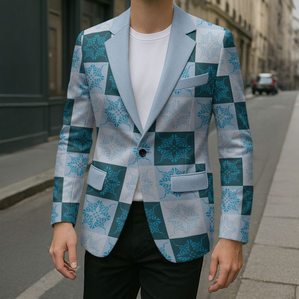 Cyan Manta Ray Hawaiian Quilt Motif Blazer
