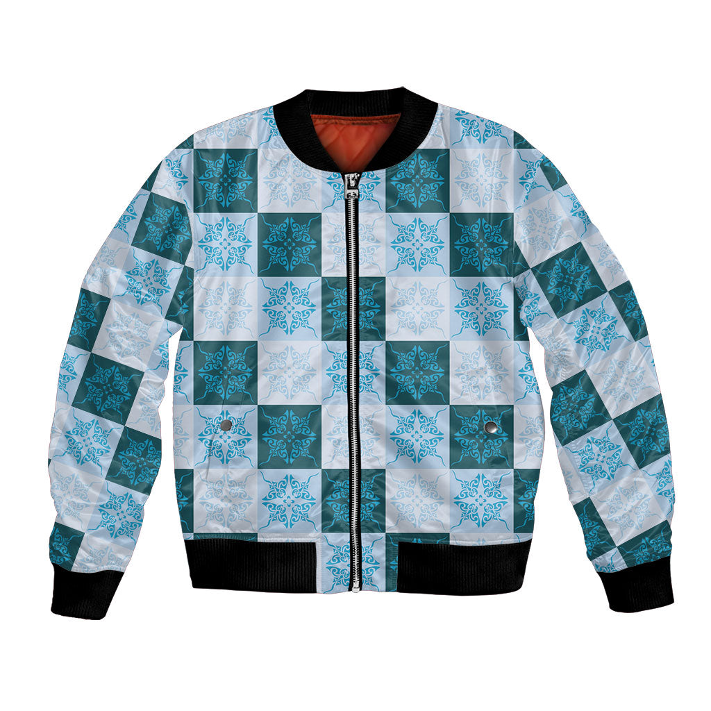 Cyan Manta Ray Hawaiian Quilt Motif Bomber Jacket
