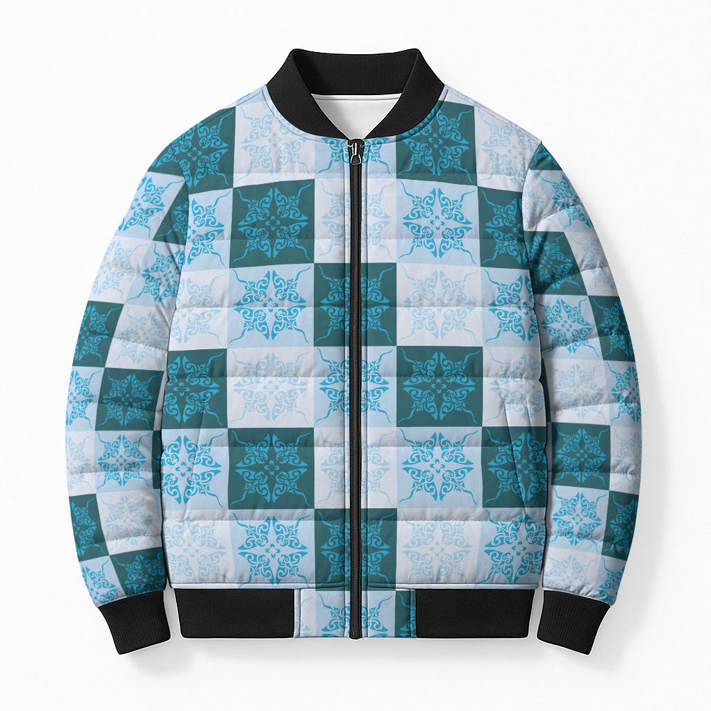 Cyan Manta Ray Hawaiian Quilt Motif Bomber Puffer Jacket