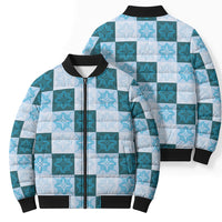 Cyan Manta Ray Hawaiian Quilt Motif Bomber Puffer Jacket