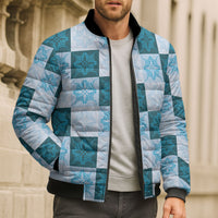 Cyan Manta Ray Hawaiian Quilt Motif Bomber Puffer Jacket