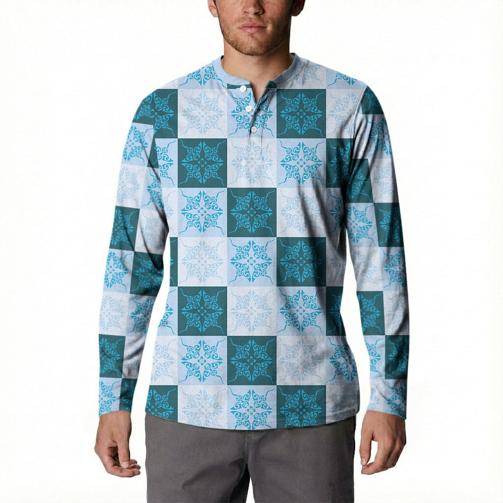 Cyan Manta Ray Hawaiian Quilt Motif Button Sweatshirt