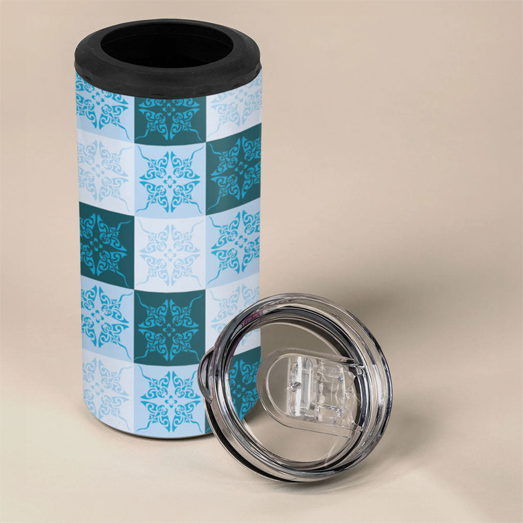Cyan Manta Ray Hawaiian Quilt Motif 4 in 1 Can Cooler Tumbler