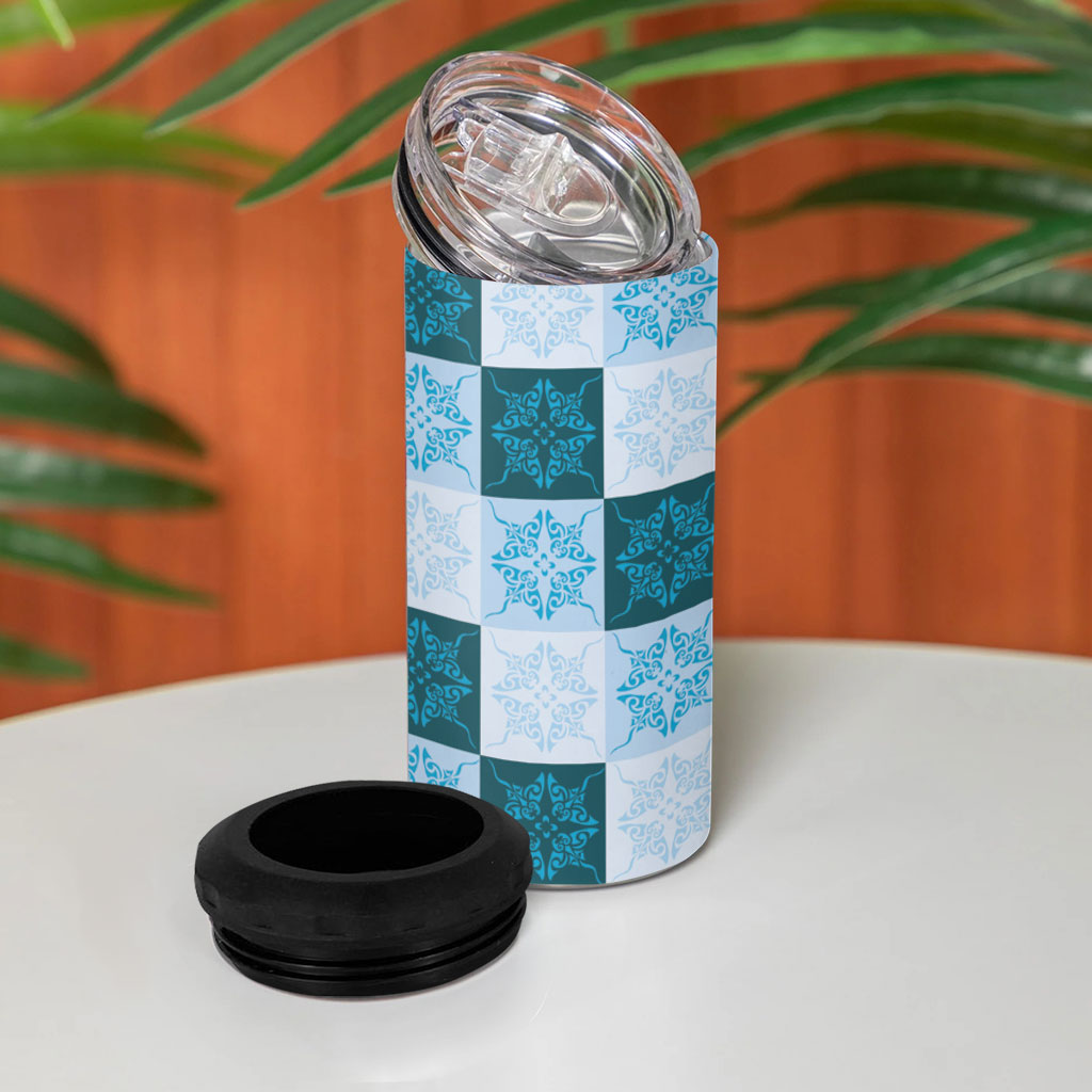 Cyan Manta Ray Hawaiian Quilt Motif 4 in 1 Can Cooler Tumbler