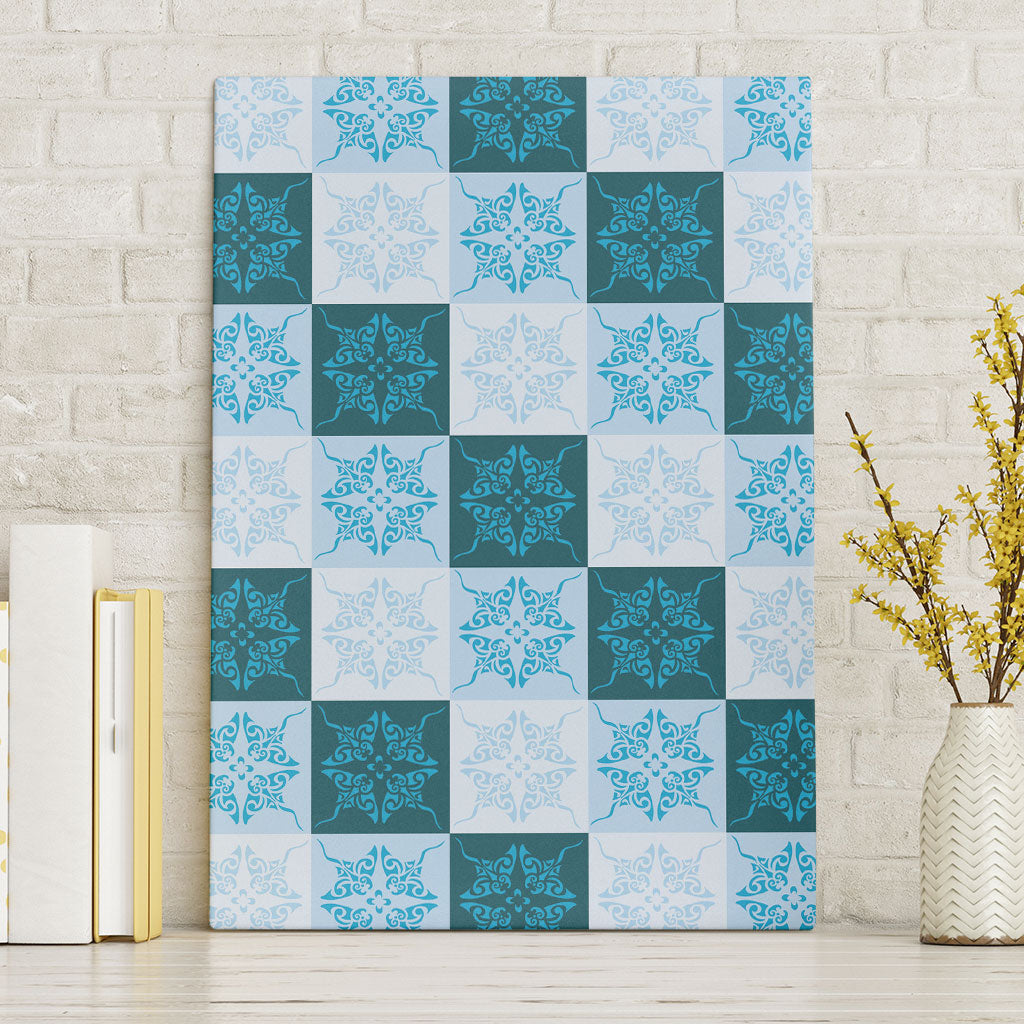 Cyan Manta Ray Hawaiian Quilt Motif Canvas Wall Art