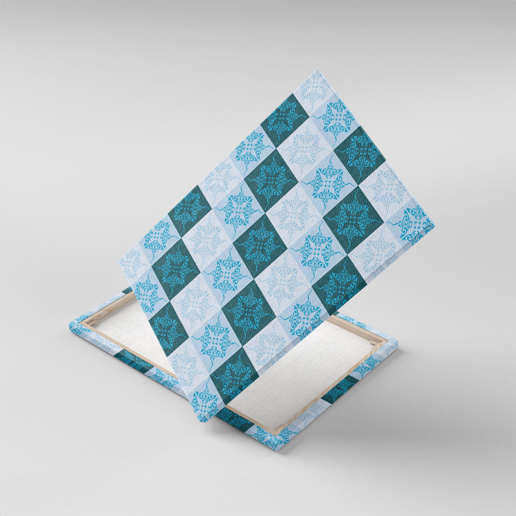 Cyan Manta Ray Hawaiian Quilt Motif Canvas Wall Art