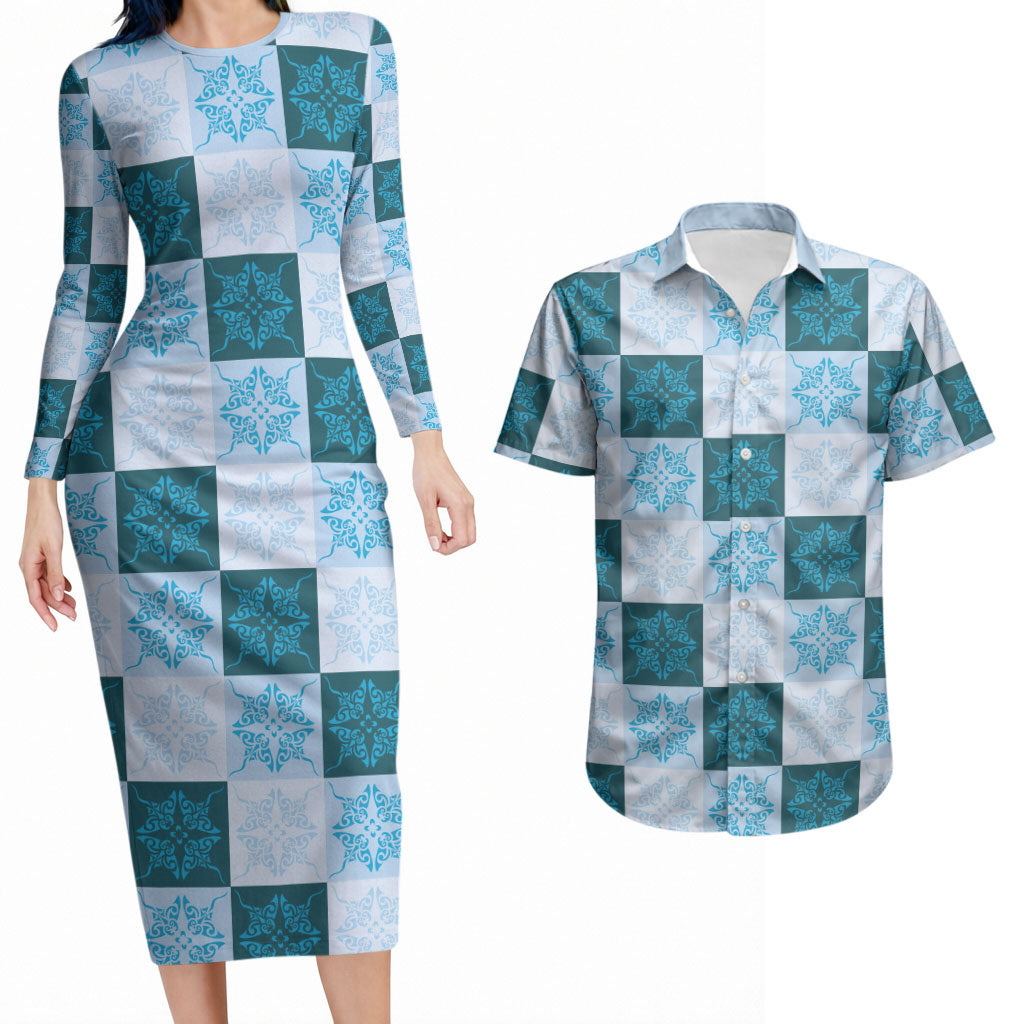 Cyan Manta Ray Hawaiian Quilt Motif Couples Matching Long Sleeve Bodycon Dress and Hawaiian Shirt LT05 Blue - Polynesian Pride