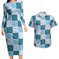 Cyan Manta Ray Hawaiian Quilt Motif Couples Matching Long Sleeve Bodycon Dress and Hawaiian Shirt