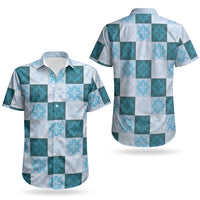 Cyan Manta Ray Hawaiian Quilt Motif Couples Matching Long Sleeve Bodycon Dress and Hawaiian Shirt