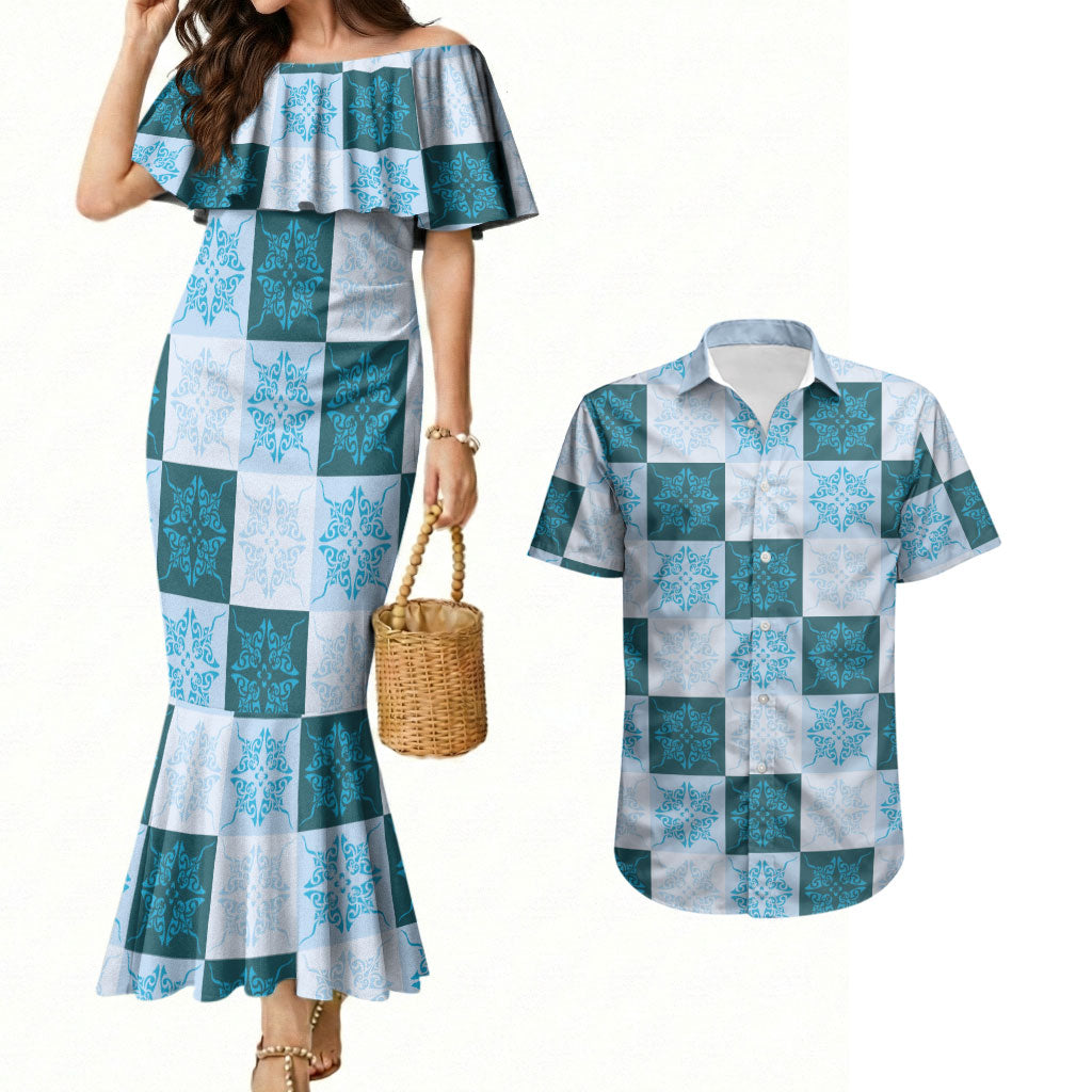 Cyan Manta Ray Hawaiian Quilt Motif Couples Matching Mermaid Dress and Hawaiian Shirt LT05 Blue - Polynesian Pride