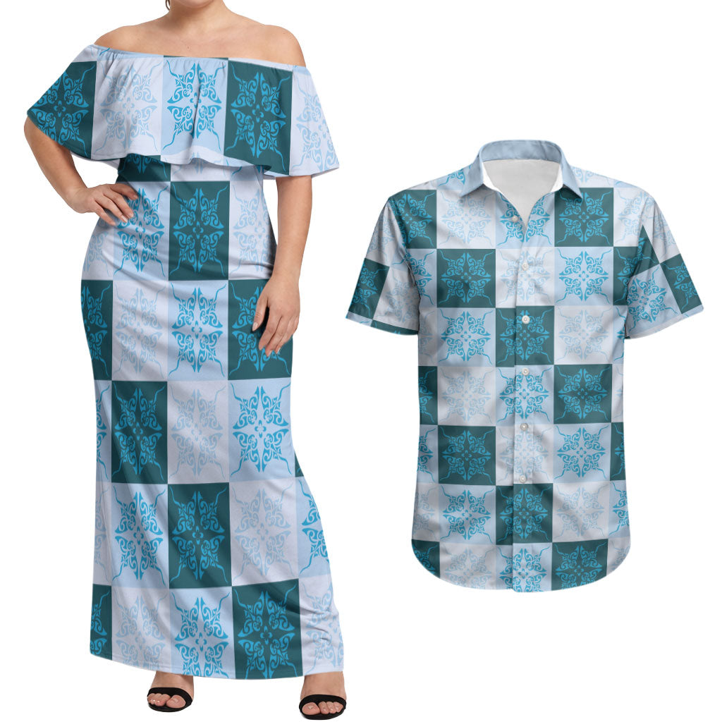Cyan Manta Ray Hawaiian Quilt Motif Couples Matching Off Shoulder Maxi Dress and Hawaiian Shirt
