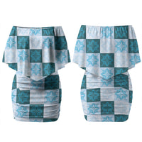 Cyan Manta Ray Hawaiian Quilt Motif Couples Matching Off Shoulder Short Dress and Hawaiian Shirt