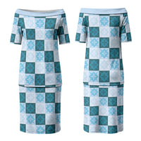 Cyan Manta Ray Hawaiian Quilt Motif Couples Matching Puletasi and Hawaiian Shirt