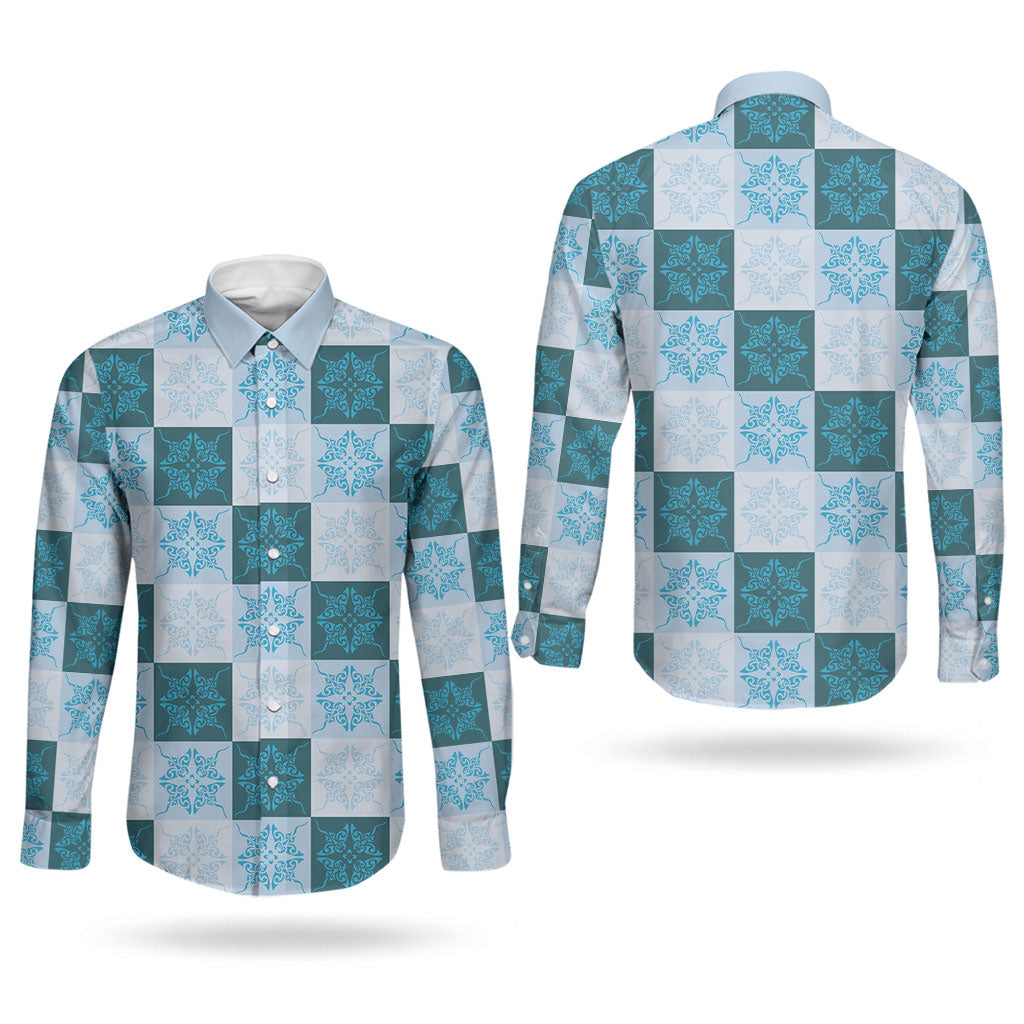 Cyan Manta Ray Hawaiian Quilt Motif Couples Matching Short Sleeve Bodycon Dress and Long Sleeve Button Shirt