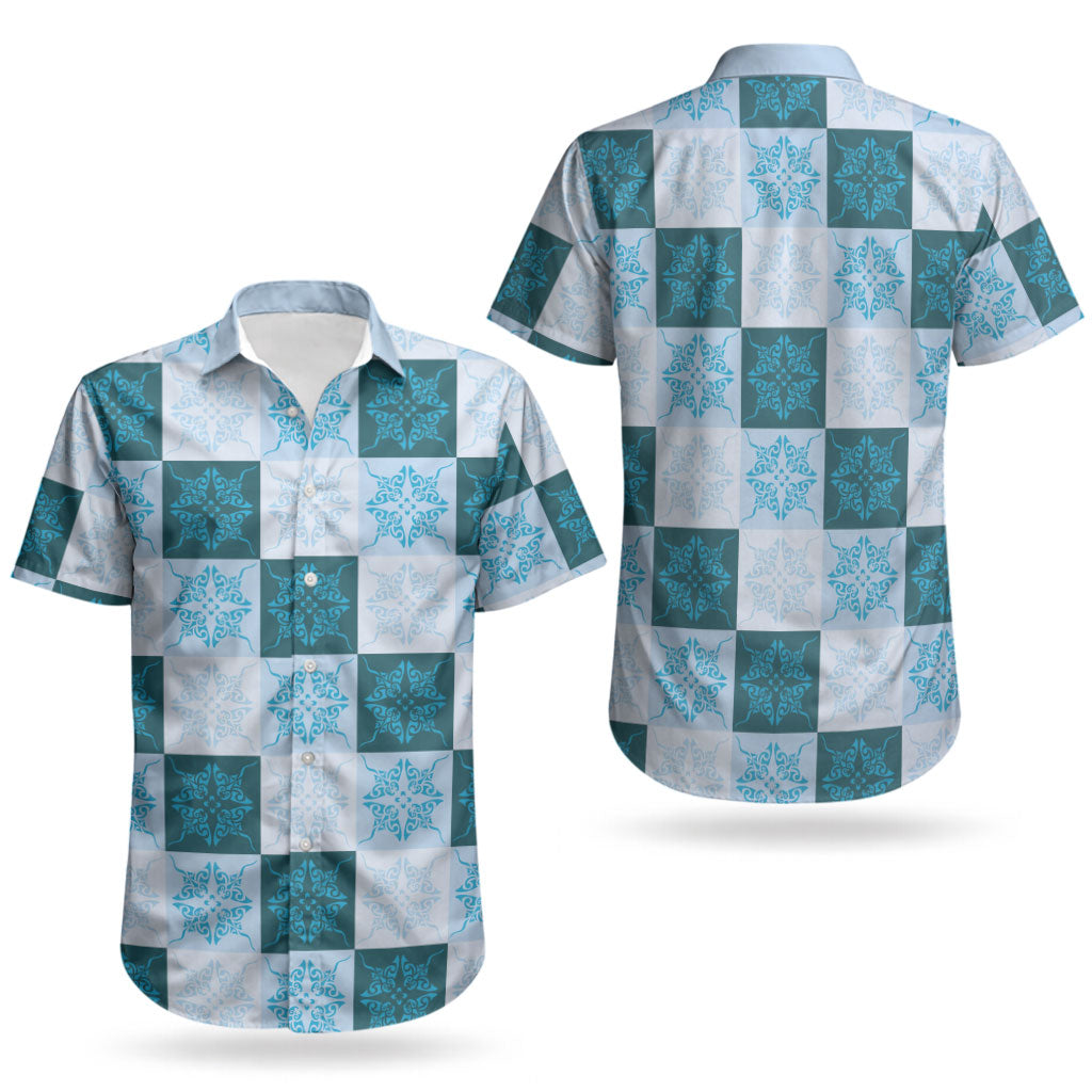Cyan Manta Ray Hawaiian Quilt Motif Couples Matching Summer Maxi Dress and Hawaiian Shirt