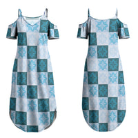 Cyan Manta Ray Hawaiian Quilt Motif Couples Matching Summer Maxi Dress and Hawaiian Shirt