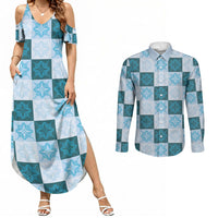 Cyan Manta Ray Hawaiian Quilt Motif Couples Matching Summer Maxi Dress and Long Sleeve Button Shirt