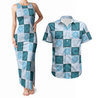 Cyan Manta Ray Hawaiian Quilt Motif Couples Matching Tank Maxi Dress and Hawaiian Shirt