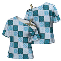 Cyan Manta Ray Hawaiian Quilt Motif Cross Shoulder Shirt