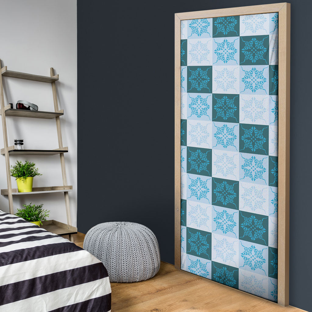 Cyan Manta Ray Hawaiian Quilt Motif Door Cover