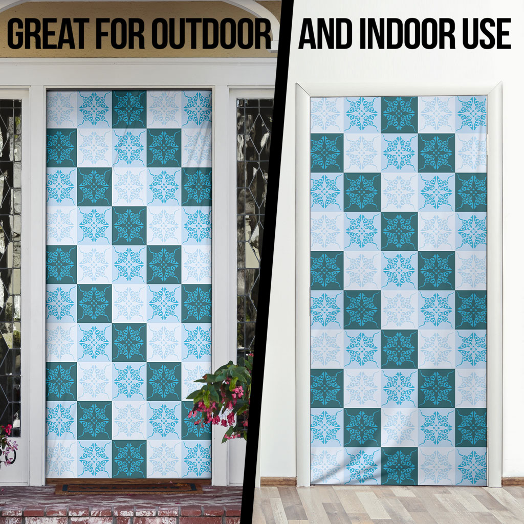 Cyan Manta Ray Hawaiian Quilt Motif Door Cover