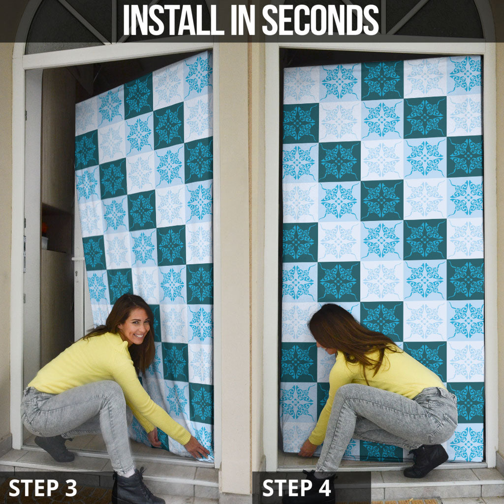Cyan Manta Ray Hawaiian Quilt Motif Door Cover