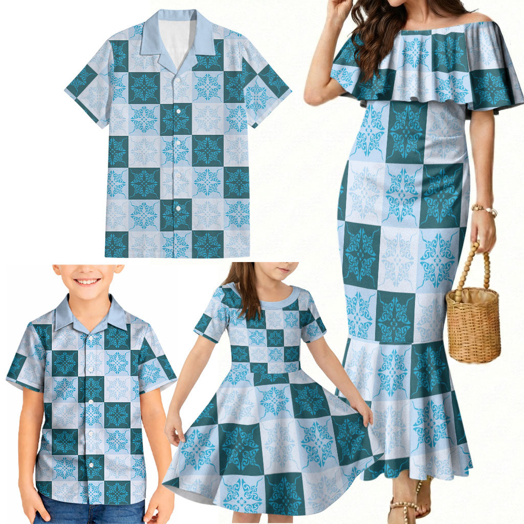 Cyan Manta Ray Hawaiian Quilt Motif Family Matching Mermaid Dress and Hawaiian Shirt