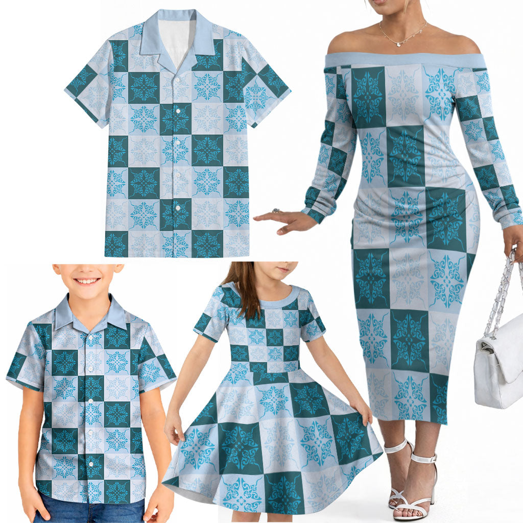 Cyan Manta Ray Hawaiian Quilt Motif Family Matching Off The Shoulder Long Sleeve Dress and Hawaiian Shirt LT05 - Polynesian Pride