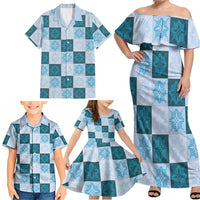 Cyan Manta Ray Hawaiian Quilt Motif Family Matching Off Shoulder Maxi Dress and Hawaiian Shirt