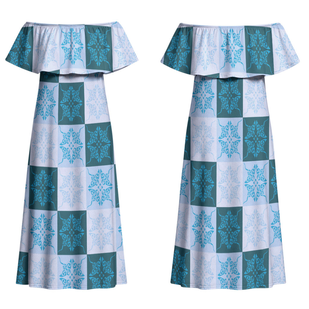 Cyan Manta Ray Hawaiian Quilt Motif Family Matching Off Shoulder Maxi Dress and Hawaiian Shirt