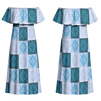 Cyan Manta Ray Hawaiian Quilt Motif Family Matching Off Shoulder Maxi Dress and Hawaiian Shirt