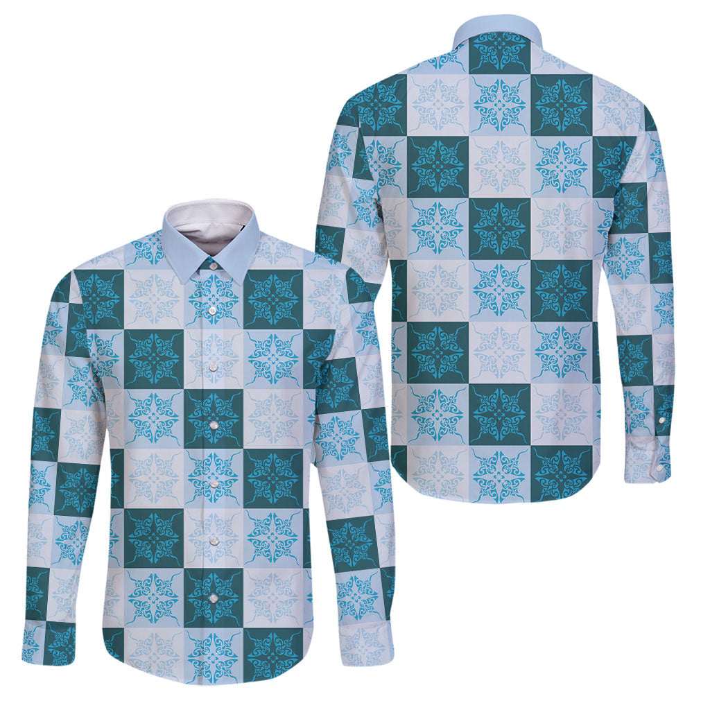 Cyan Manta Ray Hawaiian Quilt Motif Family Matching Off Shoulder Maxi Dress and Hawaiian Shirt