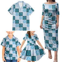Cyan Manta Ray Hawaiian Quilt Motif Family Matching Puletasi and Hawaiian Shirt