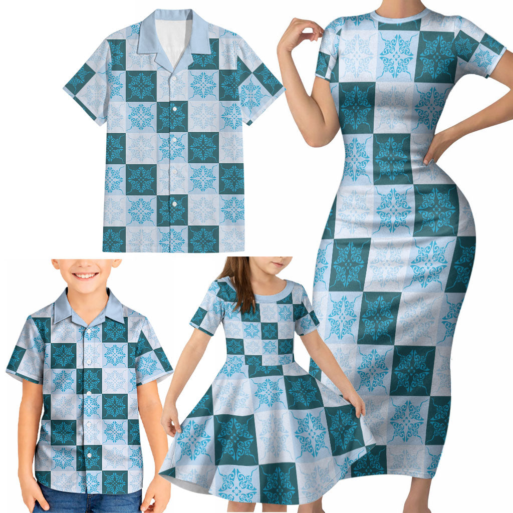 Cyan Manta Ray Hawaiian Quilt Motif Family Matching Short Sleeve Bodycon Dress and Hawaiian Shirt