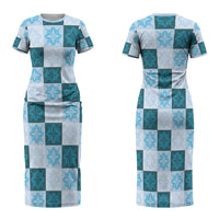 Cyan Manta Ray Hawaiian Quilt Motif Family Matching Short Sleeve Bodycon Dress and Hawaiian Shirt