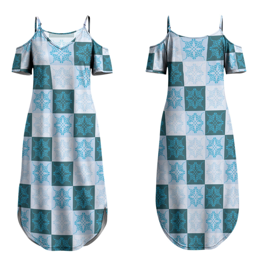 Cyan Manta Ray Hawaiian Quilt Motif Family Matching Summer Maxi Dress and Hawaiian Shirt