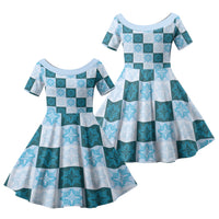 Cyan Manta Ray Hawaiian Quilt Motif Family Matching Summer Maxi Dress and Hawaiian Shirt