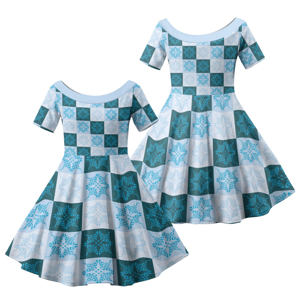 Cyan Manta Ray Hawaiian Quilt Motif Family Matching Tank Maxi Dress and Hawaiian Shirt