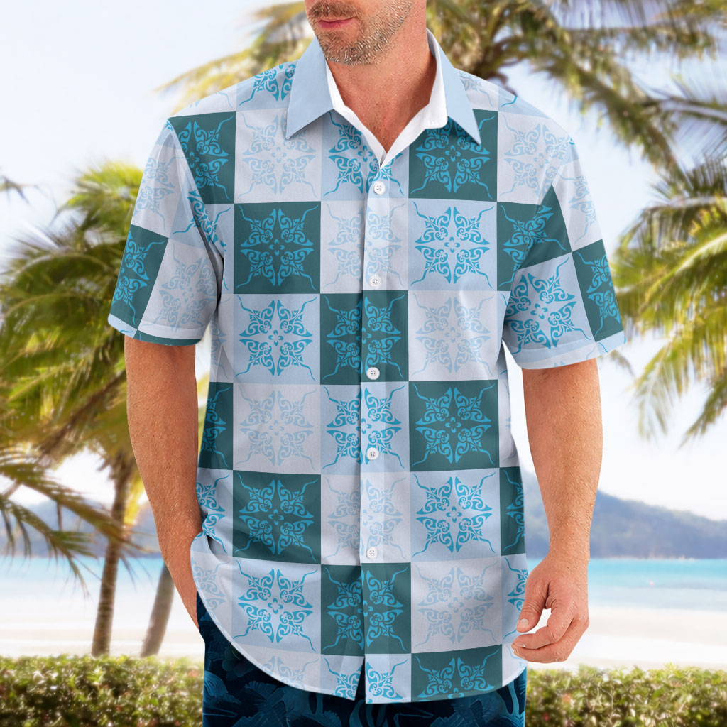 Cyan Manta Ray Hawaiian Quilt Motif Hawaiian Shirt