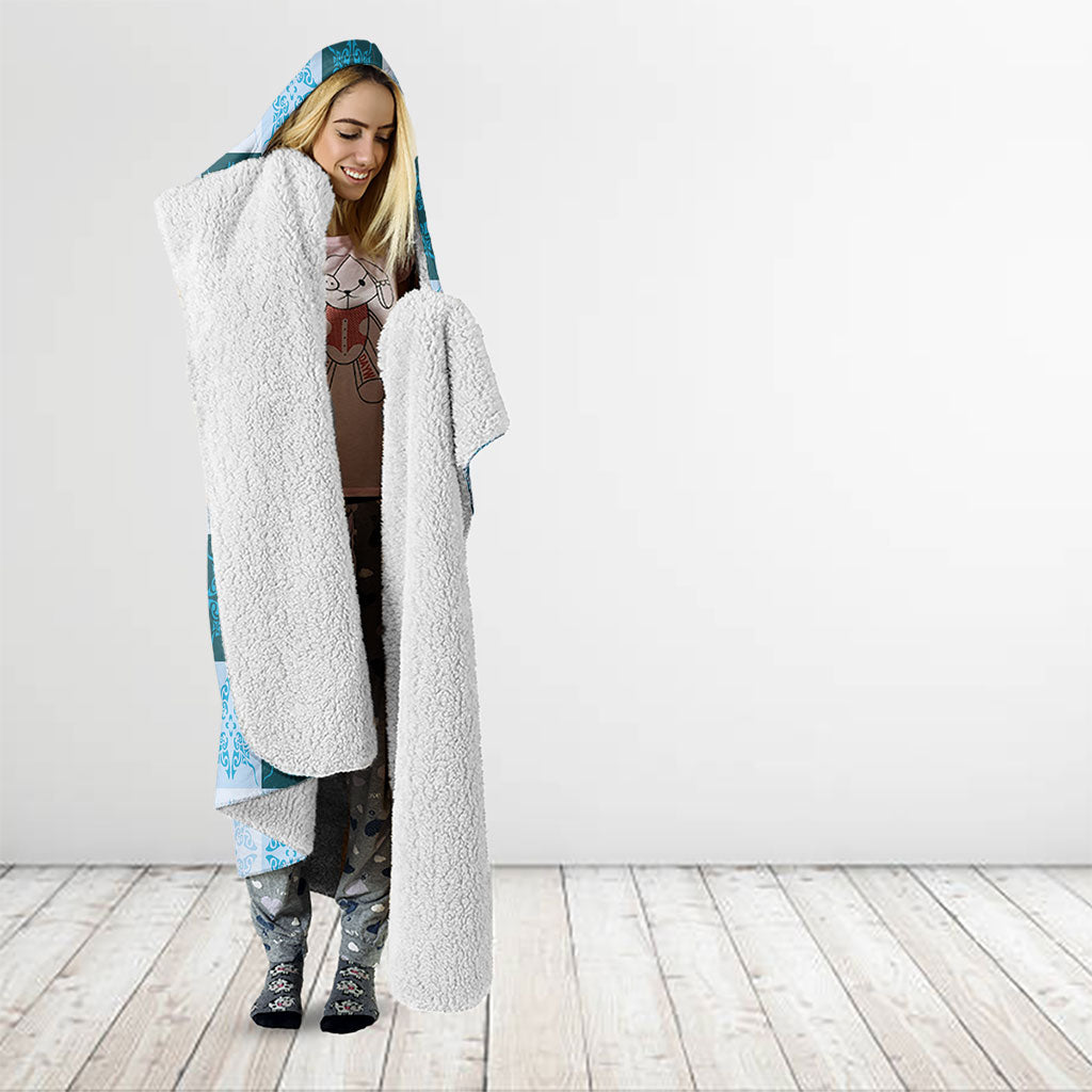 Cyan Manta Ray Hawaiian Quilt Motif Hooded Blanket
