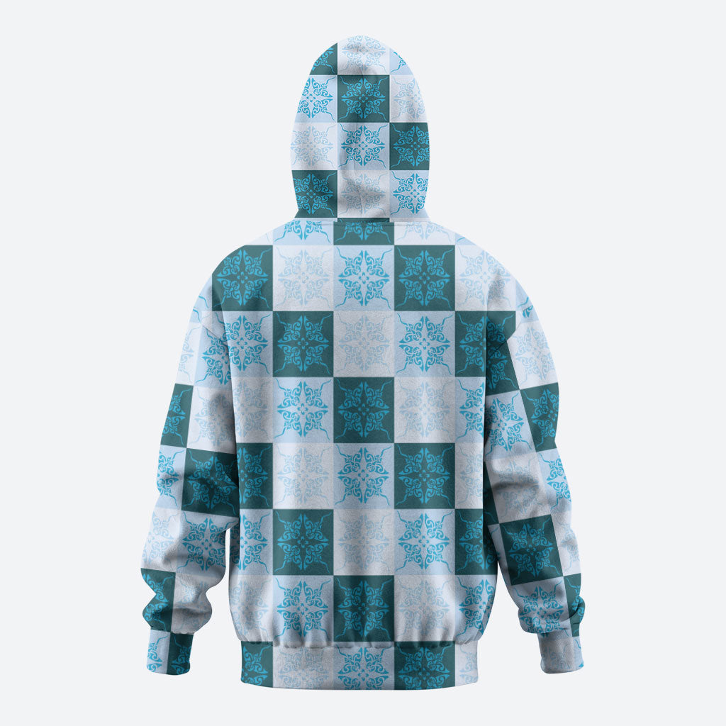 Cyan Manta Ray Hawaiian Quilt Motif Hoodie