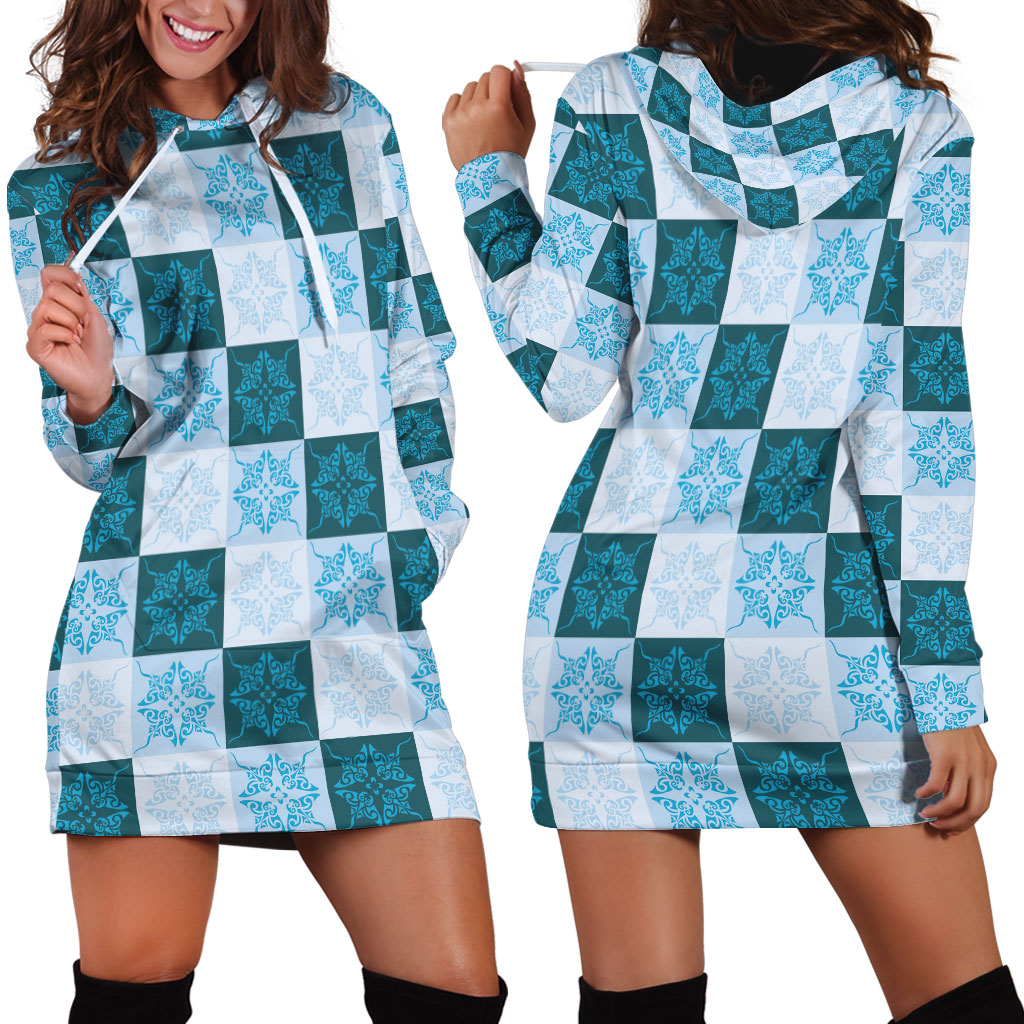 Cyan Manta Ray Hawaiian Quilt Motif Hoodie Dress