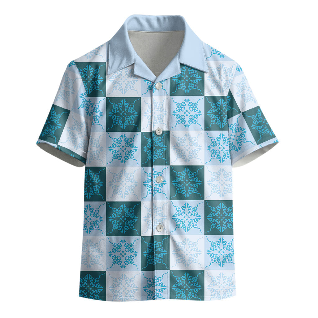Cyan Manta Ray Hawaiian Quilt Motif Kid Hawaiian Shirt