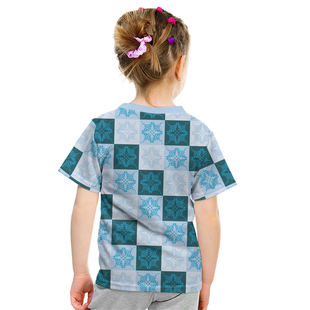 Cyan Manta Ray Hawaiian Quilt Motif Kid T Shirt