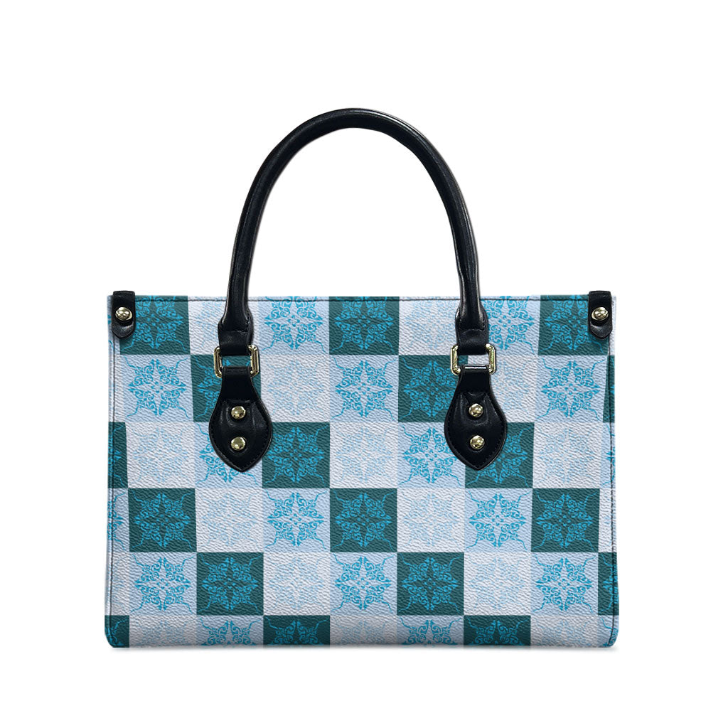 Cyan Manta Ray Hawaiian Quilt Motif Leather Bag