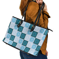 Cyan Manta Ray Hawaiian Quilt Motif Leather Tote Bag